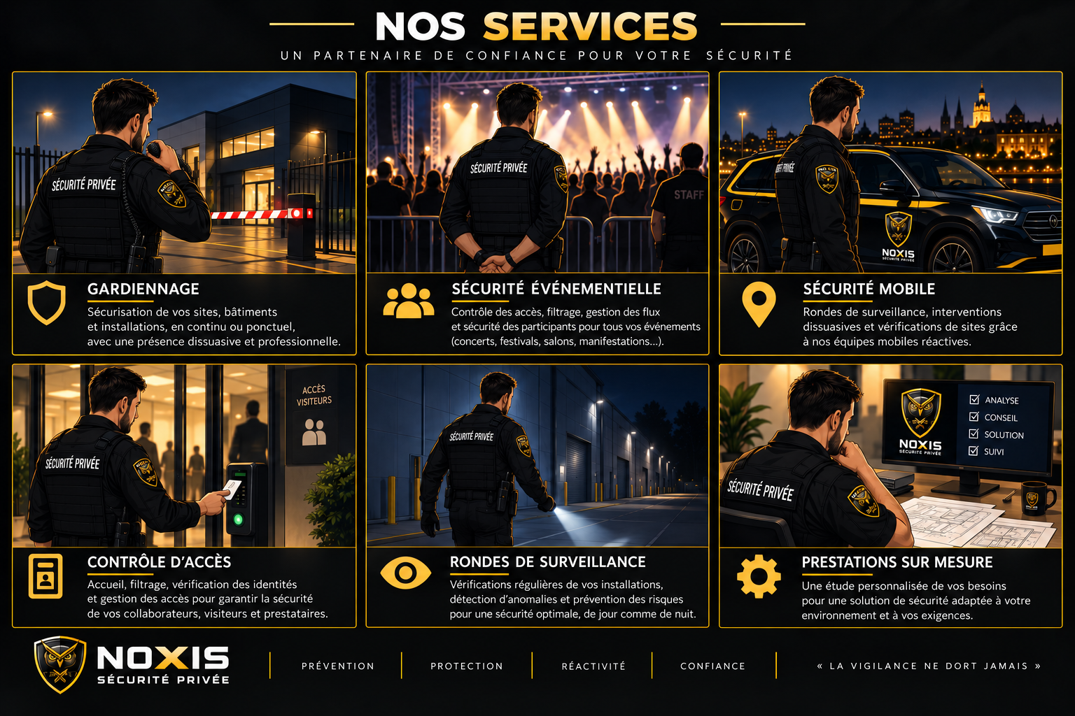 Les services NOXIS Sécurité Privée : gardiennage, sécurité événementielle, sécurité mobile, contrôle d’accès, rondes de surveillance et prestations sur mesure